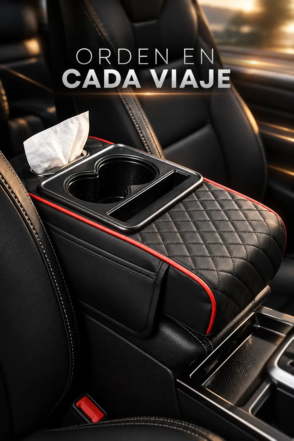 Cojín reposabrazos organizador para carro, negro con vivo rojo